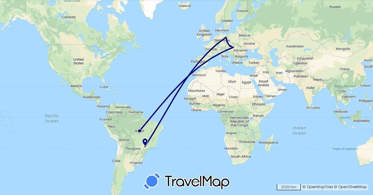 TravelMap itinerary: driving in Austria, Brazil, Czech Republic, Germany, Hungary, Slovakia (Europe, South America)